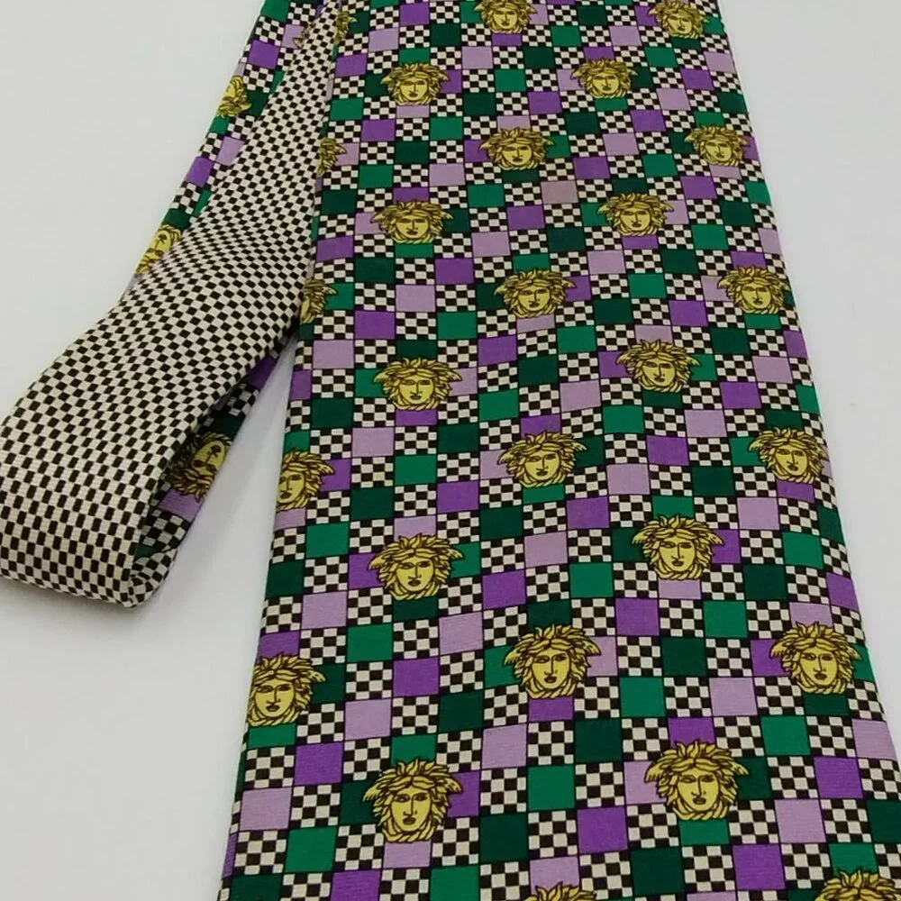 Vintage Gianni Versace Medusa Silk Tie Purple Check